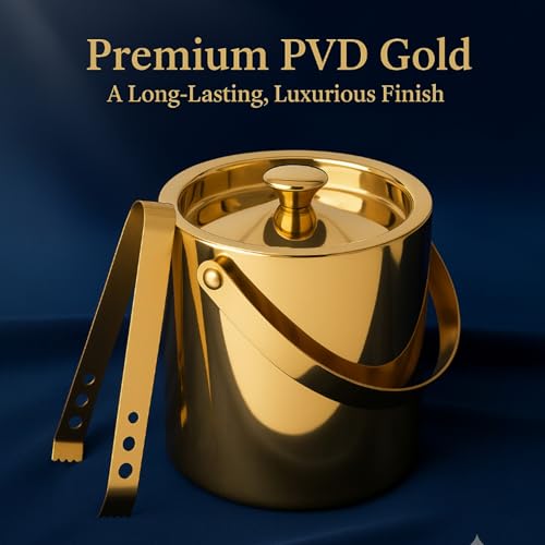 Image of Shiny PVD Gold Stainless Steel Double Walled Ice Bucket with Tong (1.7 litres) | Insulated Ice Box Small, Ice Cube Box | Wedding for Couple, Home Bar Gift Set