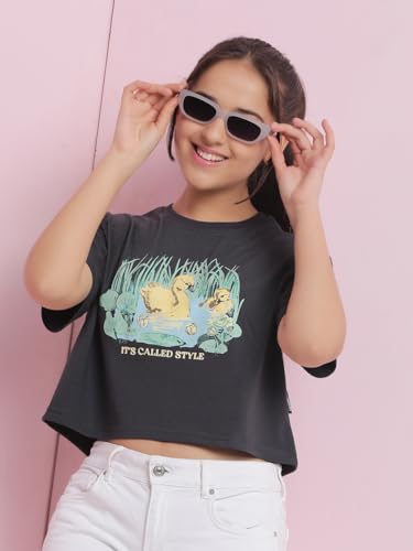 Image of Li'l Tomatoes Girls Crop T-Shirt | 100% Cotton | Graphic Printed Summer Top | Soft & Breathable Casual Wear | 7-16 Years