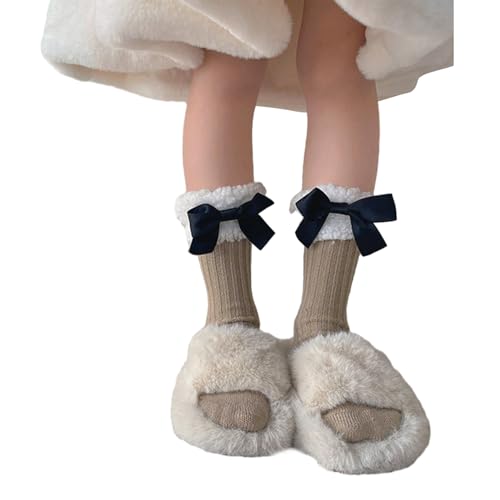 Breathable Cotton Hosiery Socks For Girls Toddler Stretchy Knee High Lamb Fleece Edge Bow For Autumn Spring Winter Warm Socks4