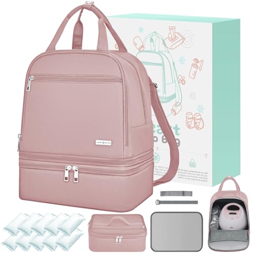 Breast Pump Bag with Insulated Cooler Double-Layer Pumping Bag for Work & Travel Fits Most Electric Breast Pumps Includes 10 Ice Packs & Waterproof Mat Detachable Bottle Cooler Tote Pink