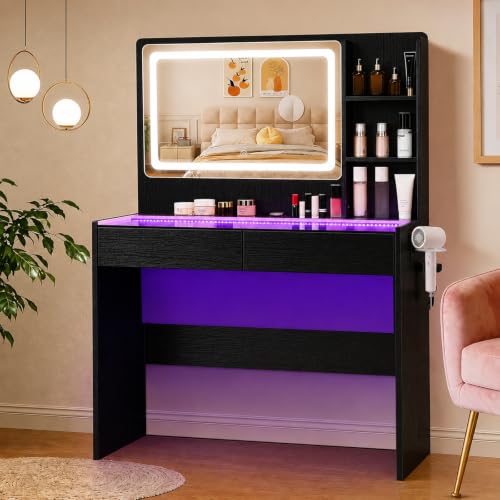 Image of Vanity Desk with Mirror and Lights, Makeup Vanity Table with Glass Top, RGB Light Strip, Adjustable Brightness, 2 Storage Drawers, Black Beauty Station for Women and Teen Girls