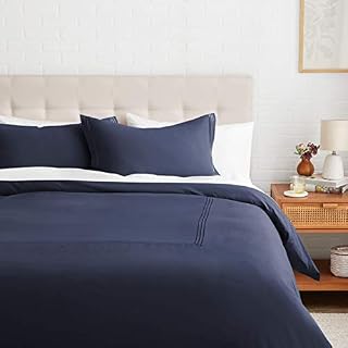 Amazon Basics Embroidered Hotel Stitch Duvet Cover Set - Soft, Easy-Wash Microfiber - Full/Queen, White with Taupe Embroidery
