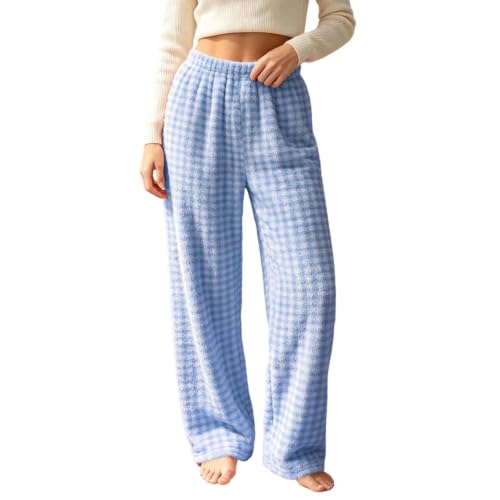 Pajama Pants Women Fleece Plaid Wide Leg Lounge Bottoms - image 1