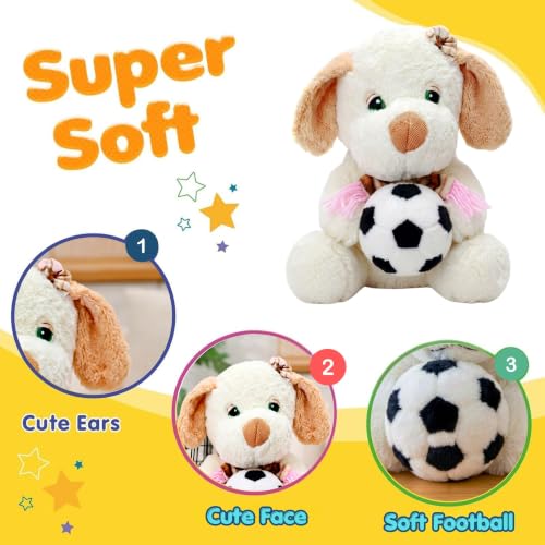 Image of Tickles Muffler Dog with Football Soft Stuffed Plush Animal Sports Theme Toy for Kids Boys & Girls Birthday Gifts (Size: 22 cm Color: White)