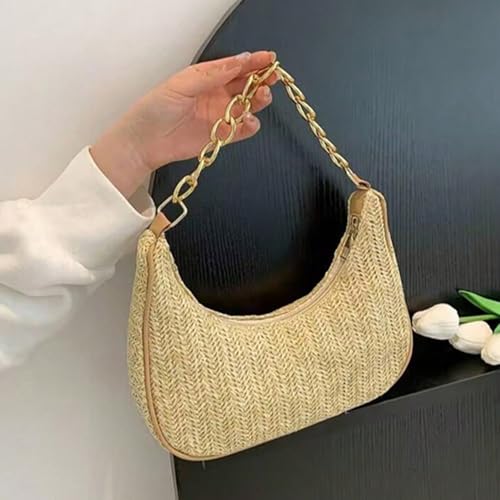 Women's Straw Clutch with Thick Chain, Women Underarm Bag, Fashionable Shoulder Handbag, Beach Bag Straw Women's Bags
