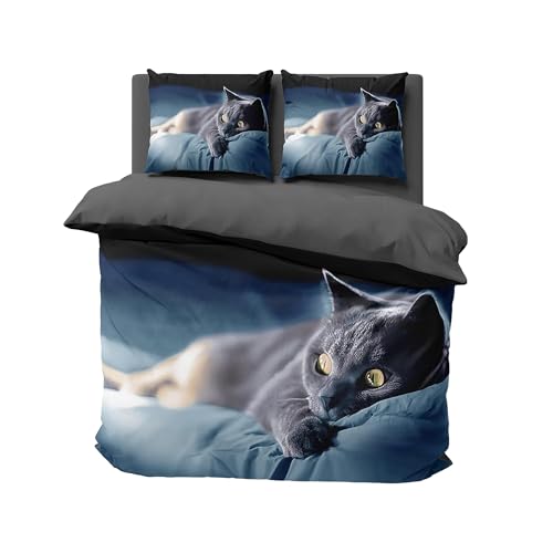 FEBE 3D Bettwäsche Katze Bettbezug-Set 135x200 + Kissenbezug 80x80 cm Wendebettwäsche 2 Teilig mit Reißveschluss
