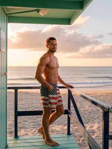 Mens Swim Trunks with Compression Liner,Vintage American Flag Men's Inseam Board Shorts Quick Dry Bathing Suit for Men/Boys4