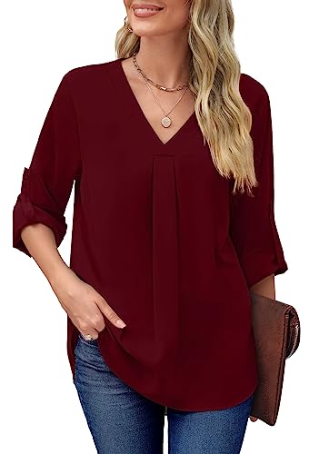 Xieerduo Chiffon Blouses For Women 2023 Fashion 3/4 Sleeve Tops Front Pleated Burgundy Xl thumb #2