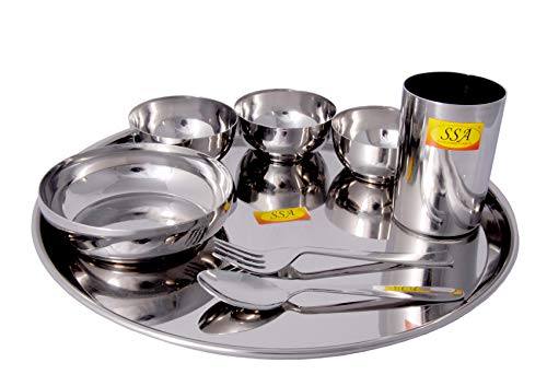 Shiv Shakti Arts® Stainless Steel (Heavy 22 Gauge) Thali, Dinner Set Dinnerware & Searvware (Plane Mirror Finish Design – 8 Pcs)