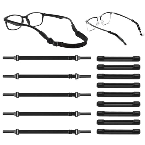 UESDU Brillenband Set, 5 Stück Verstellbarer Sportbrillenband mit 5 Brillenbügel Überzug Anti Rutsch Kein Schwanz Brillenbänder Neoprene Brillenriemen für Erwachsene und Kinder