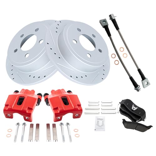 Image of TRQ Performance Rear Brake Pad and Rotor Set Ceramic Slotted Drilled Coated | For 2003-2005 Jeep Liberty