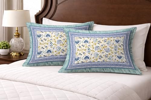Image of ElanorHomes 180 TC Pure Cotton Pillow Covers Set of 2, Bedroom Pillows with Zip Closure, Soft Smooth Cool Breathable Pillowcases for Home (Blue Shalimar Glow)