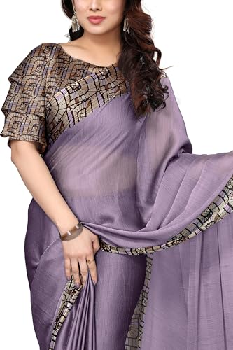 Image of MIRCHI FASHION Saree for Woman Chiffon Georgette Solid with Contrast Border | Lightweight Daily Wear Women's Sari and Printed Blouse Piece