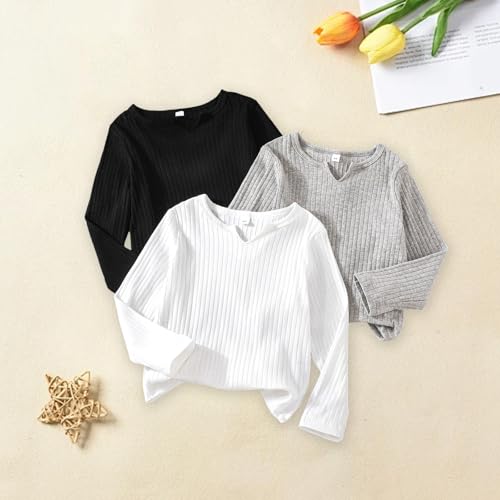3 Pack Kids Long Sleeve Tees Girls' Soft T-Shirts Ribbed Basic Crewneck T-Shirts Top for Girls Boys4
