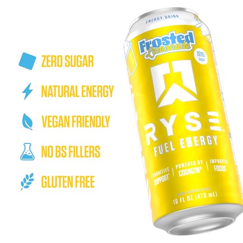Image of RYSE Fuel Energy Drink - Frosted Lemonade - Sugar Free - 200mg Natural Caffeine, New Formula to Supports Cognitive Health & Improves Focus - No Artificial Colors - 16 fl oz Cans (12-Pack)