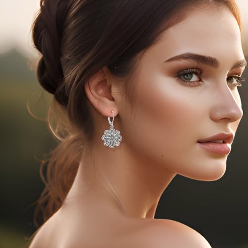 Boho Vintage Flower Earrings for Women, Silver Leverback Hollow Bohemian Dangle Drop Earrings Mandala Tribal Floral Earring Western Indian Jewelry2