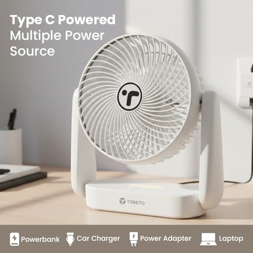 Image of Toreto SnapCool 3-in-1 Portable Rechargeable Fan with Night Light, Type-C Charging, 3 Speed Modes, 360 Adjustable, Desktop /Wall /Ceiling Mount, 1 Year Warranty (White)