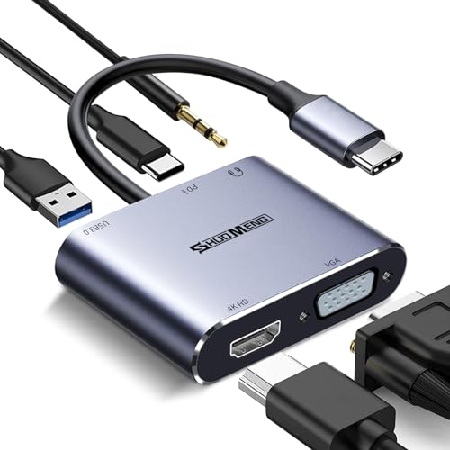 5 in 1 USB C Hub, Type c to VGA HDMI MultiPort Adapter, 4K HDMI, VGA, 100W PD, USB3.0 Port, Audio...