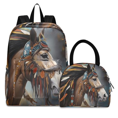 Backpack Lunch Box Set Large Capacity Travel Backpacks and Insulated Lunch Bag for Commute Hiking Picnic Indian Horse Print