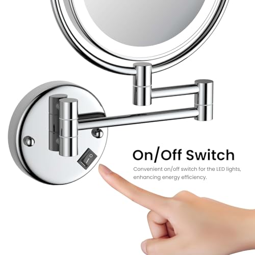 Image of Brass LED Mirror Dual Side Round Mirror for Bathroom 360 Swivel with Zoom View | Magnifying Shaving Makeup Vanity Mirror Wall Mounted (LED Chrome)