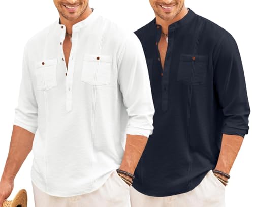 Image of Macsivo Combo of Men's Regular Fit Cotton Blend Solid Casual Short Kurta with Mandarin Collar and Pockets Kurta Pack of 2