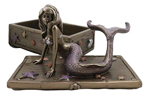 Ebros Gift Bronzed Resin Damsel Mermaid Ariel Resting On Starfish Corals Treasure Chest Decorative Jewelry Box Figurine 5"L Coastal Reef Marine Decoration Trinket #TOP6