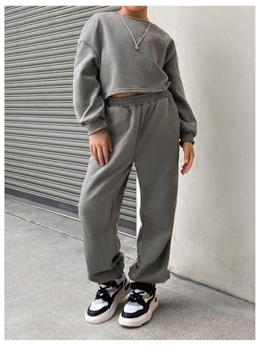 Image of Verdusa Girl's 2 Piece Outfits Sweatsuit Sets Drop Shoulder Sweatshirt and Jogger Set Grey 9Y