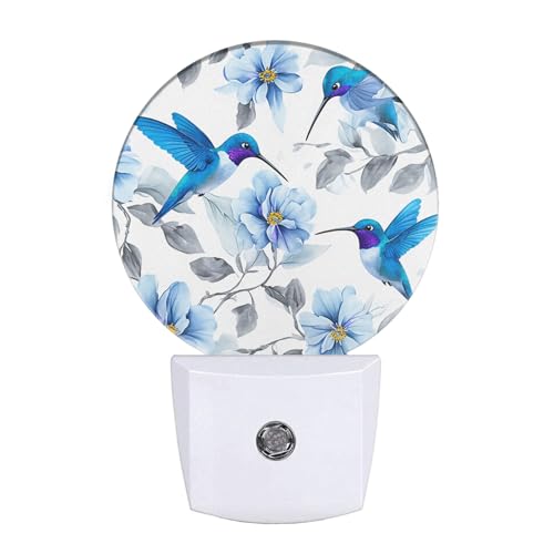 Image of EKOBLA Hummingbird Night Light, Blue Bird Peony Flower Night Lights Plug Into Wall with Dusk to Dawn Sensor, LED Nightlights for Bedroom, Bathroom, Hallway, Kitchen