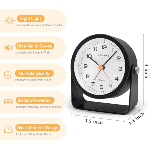 Image of Lamisola 3.5 Inch Small Desk Battery Clock, Black Alarm Clock for Bedroom | Travel Clock for Bathroom Table Shelf Bedside, Cute Metal Vintage Silent Night Light Snooze for Kids Seniors