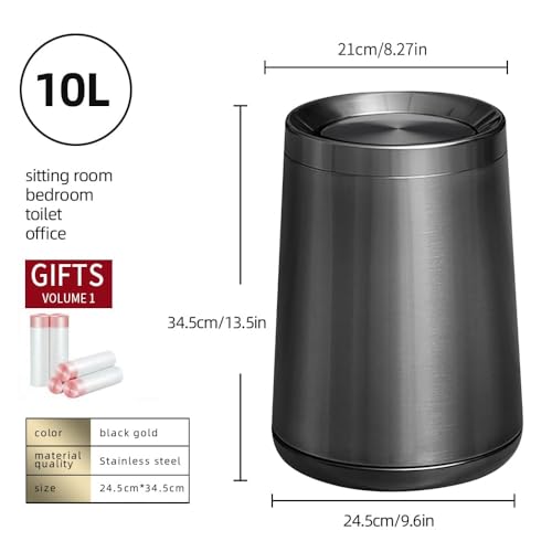 Image of 10 L /2.6Gallen,Swing Lid Trash Can,Brushed Stainless Steel Garbage Can with Flipping Lid,for Bathroom, Kitchen,Living Room,Bedroom,Hotel (Black Gold)