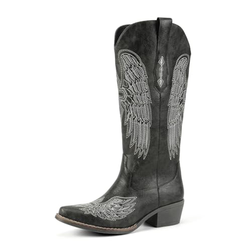 Image of Women's Western Cowboy Boots - Black Gothic Cross & Angel Wing Embroidered Mid Calf Boots, Y2K Vintage Pointed Toe Biker Cowgirl Boots for Concert Festival