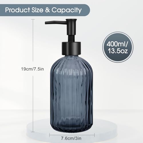 2 Pack Stripe Glass Soap Dispenser with Black Plastic Pump, 400ml Liquid Hand Soap Dispenser, Rustproof Pump for Kitchen & Bathroom, Great for Lotions, Essential Oil, Liquid Soaps- (Grayish Blue)4