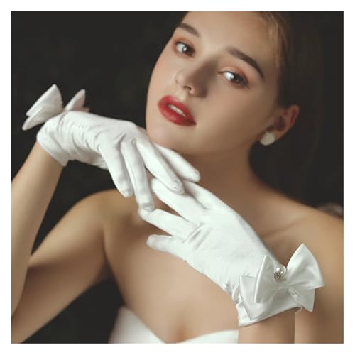 2 Pairs Bride Gloves Elegant Bow Knot Pearl Pendant Short Gloves for Wedding Opera Dinner Party Elastic Satin(Black)2