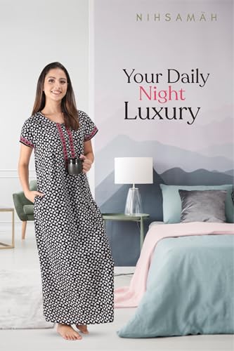 Image of NIHSAMAH Cotton Nighty for Women with Pocket, Premium Printed Long Nighty | Comfortable & Fancy Sleepwear /Nightwear