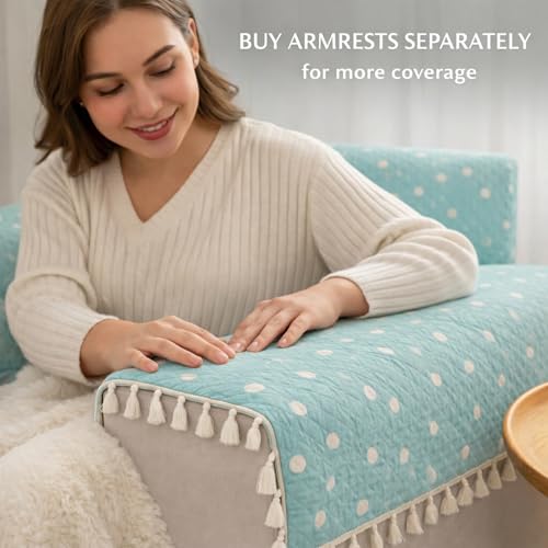Image of STITCHNEST Quilted Velvet Sofa Cover with Tassels - 70x60 Inch, Pastel Green with White Polka Dots, Soft & Playful, Washable Sofa Protector for 3-Seater