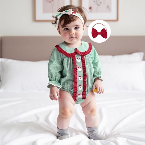 FYBITBO Newborn Baby Girl Christmas Outfit Santa Ruffle Bubble Romper Peter Pan Collar Onesie Plaid Jumpsuit Smocked Outfits2