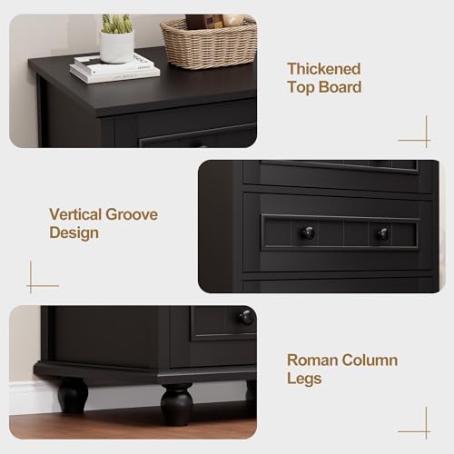 Image of 4 Drawer Dresser for Bedroom, 35'' Tall Storage Chest of Drawers, Black | Farmhouse Dresser for Closet, Wood Storage Cabinet, Vintage Roman Column Legs, Painted Finish, Easy Assembly, Heavy Duty