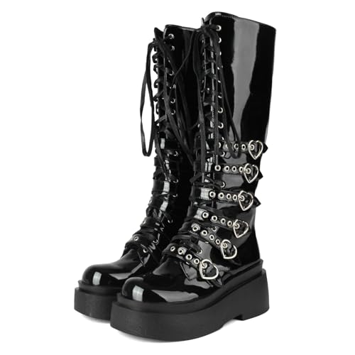 Image of Parisuit Women's Knee High Goth Platform Boots Lace Up Combat Boots | Chunky High Heel, Buckle Boots, Punk Chain Boots