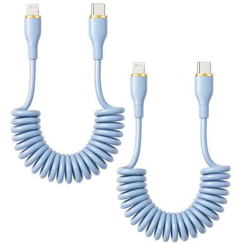 Lotnery Coiled USB C to Lighting Cable, 2 Pack Coiled Type C Carplay Cable & Data Sync, Short USB-C Charging Cable Car Lead with Power Delivery for iPhone 14 13 12 11 Pro Max 8 7 6 Plus SE