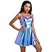 ABAFIP Women's Shiny Holographic Sleeveless V-Neck High Waisted Rave Disco Dance Party Music Festival Dress 70s Outfit Blue Large