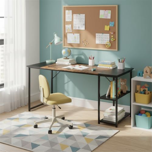 FurnitureR - Escritorio para habitación Infantil, 140 x 60 cm, Bandeja Bicolor, Retro, marrón y Negro, 2 estantes Laterales, Ajuste de Altura, Estructura de Metal, Grandes Espacios de Almacenamiento