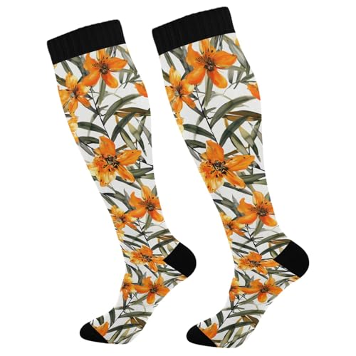 ALAZA Athletic Compression Socks Knee High Socks Stockings for Women Orange Floral Flowers Running Circulation Sport Football