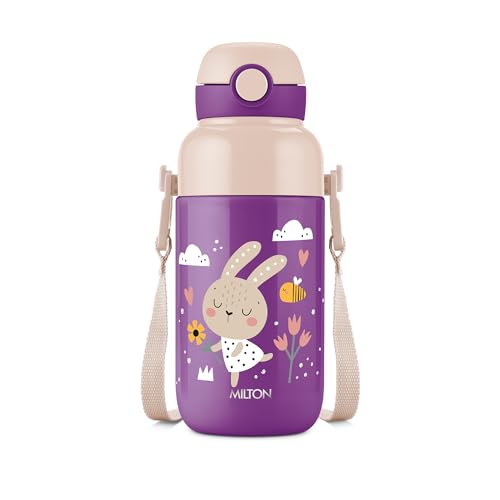 Image of Milton Steel Indus 400 Thermoware PU Insulated, 390 ml Water Bottle with Straw for Kids, Leak Proof Flip Top Sipper Lid Bottle, School, Picnic, Easy to Carry Belt, Purple