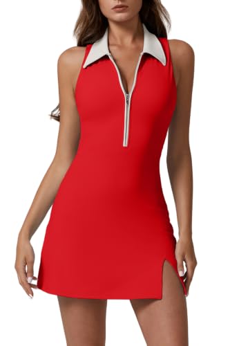 Image of QINSEN Womens Zip Front Tennis Dress Polo Collar Racer Back Workout Golf Dresses Build in Shorts with Pockets