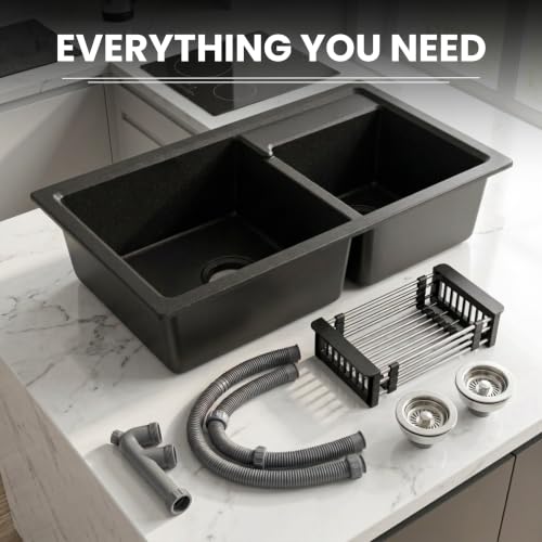 Image of GLOXY Premium Quartz Granite Double Bowl Kitchen Sink 31x18x9 Inches - Heavy Duty Black Matte Finish Double Bowl Quartz Sink with Drainer Basket Coupling Hose Pipe - Undermount & Topmount Kitchen Sink