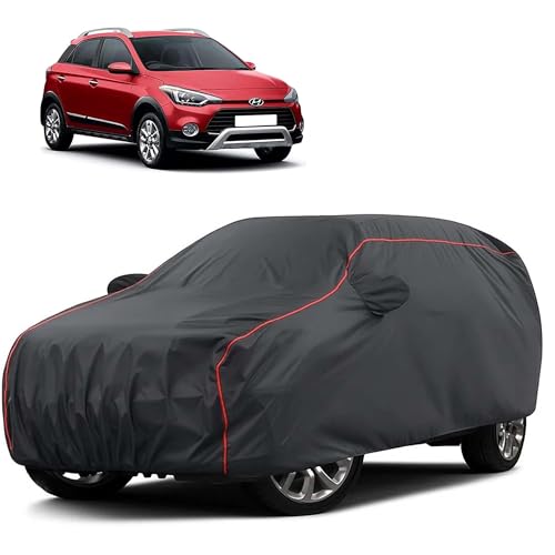 Image of Sulfar 100% Water Resistant Car Body Cover Compatible with Mirror for Hyundai i20 Active (Triple Stitched, Full Bottom Elastic, Dark Grey Taffeta with Red Piping)