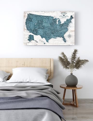 Image of IPIC - Vintage Teal USA Map Wall Art, Push Pin USA Map to Track Your Travels, Farmhouse Style Canvas Wall Decor for Home, Office, Living Room or RV, Ready to Hang, Made in USA