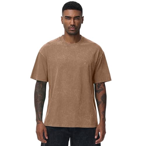 Image of Men's Oversized Cotton T-Shirts Loose Fit Vintage Washed Tee Unisex Short Sleeve Casual Shirts Tops