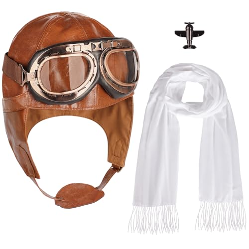 Acekar Aviator Hat,4Pcs Aviator Costume Accessories With Goggles White Scarf Brooch,Pilot Cap for Adults Halloween Party