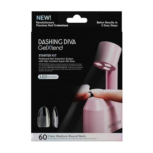 Dashing Diva GelXtend Starter Kit - Clear, Medium Round - Press On Nails with LED Lamp - Lasts Up to 14 Days - Clear, Customizable Gel Nails - No-Soak, Easy Removal - Gel Nail Tips